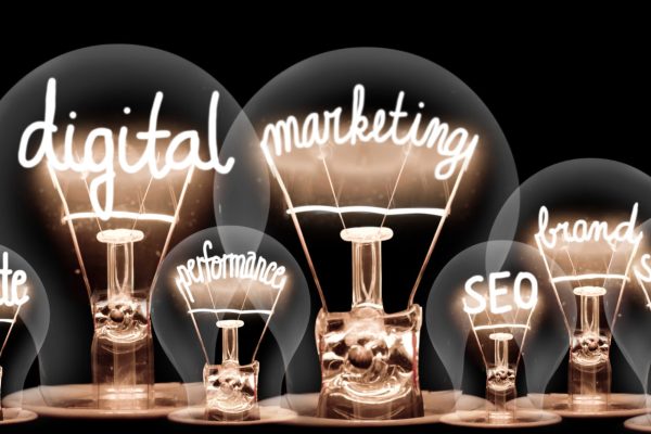 Photo of light bulbs with shining fibers in a shape of Digital Marketing, Website, SEO and Strategy concept related words isolated on black background